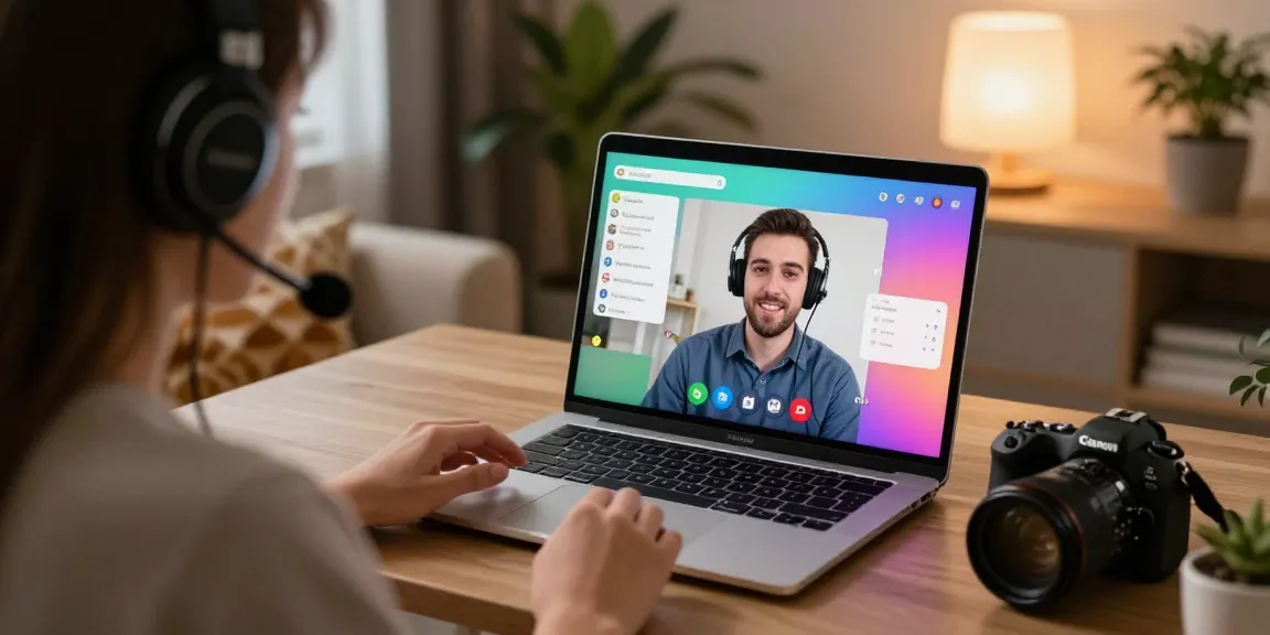 Engaging porn chat ai session with user in cozy workspace, video call interface visible.