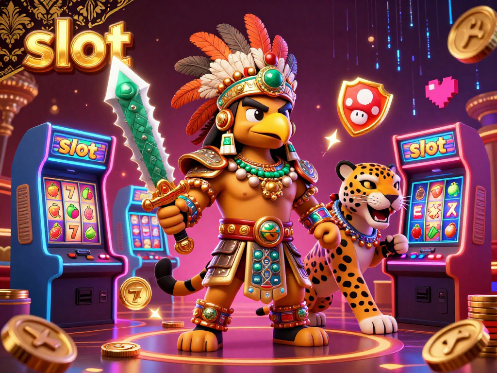 Engage with slot machines in a vibrant casino scene featuring Aztec warriors and 3D arcade games.