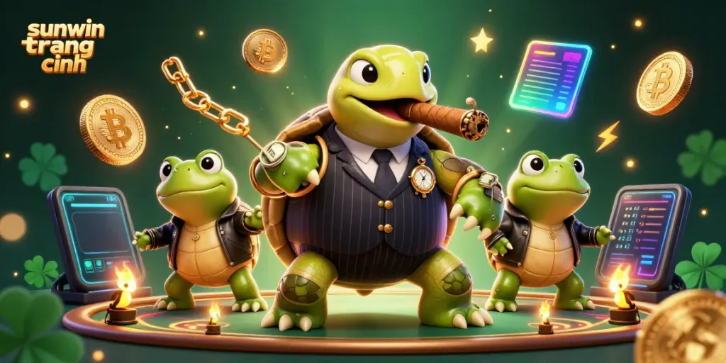 Engage in gameplay excitement with sunwin trang chính featuring dynamic casino elements, a snapping turtle in a suit, and roaring success.