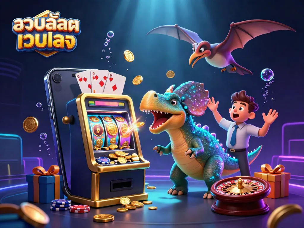 Experience the excitement of รวมสล็อตเว็บตรง as a pachycephalosaurus triggers a jackpot, surrounded by casino elements.