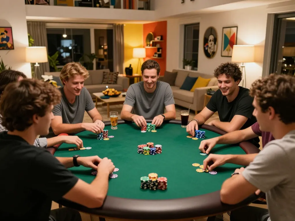 Tai xỉu online players engaged in a lively poker night at home, showcasing strategic gameplay and social interaction
