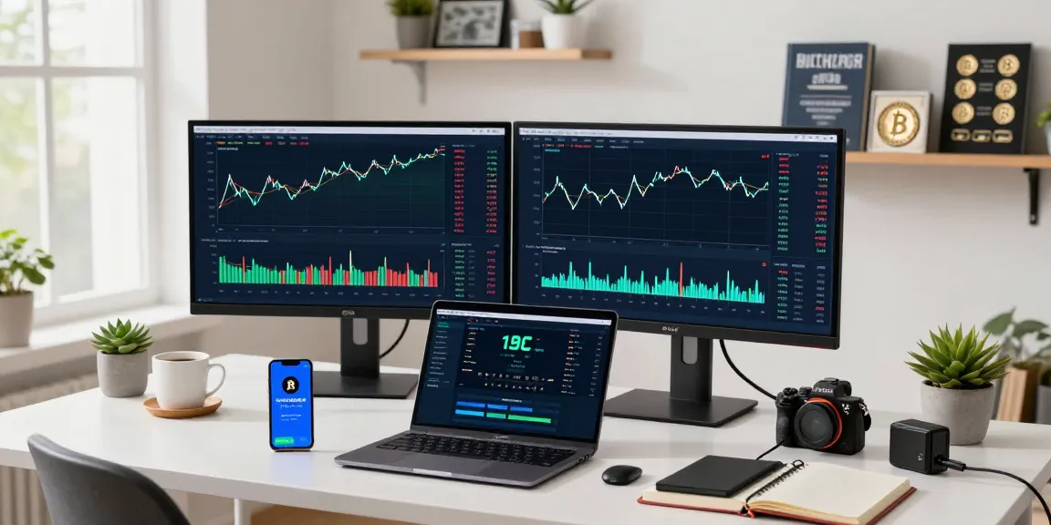 Crypto trading workspace showing ifps trading charts, digital wallet, and DeFi interfaces in a modern office environment.