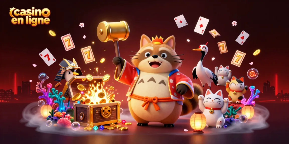 Illustration dynamique de casino en ligne avec tanuki, grue et maneki-neko, symboles de chance et de jeu.
