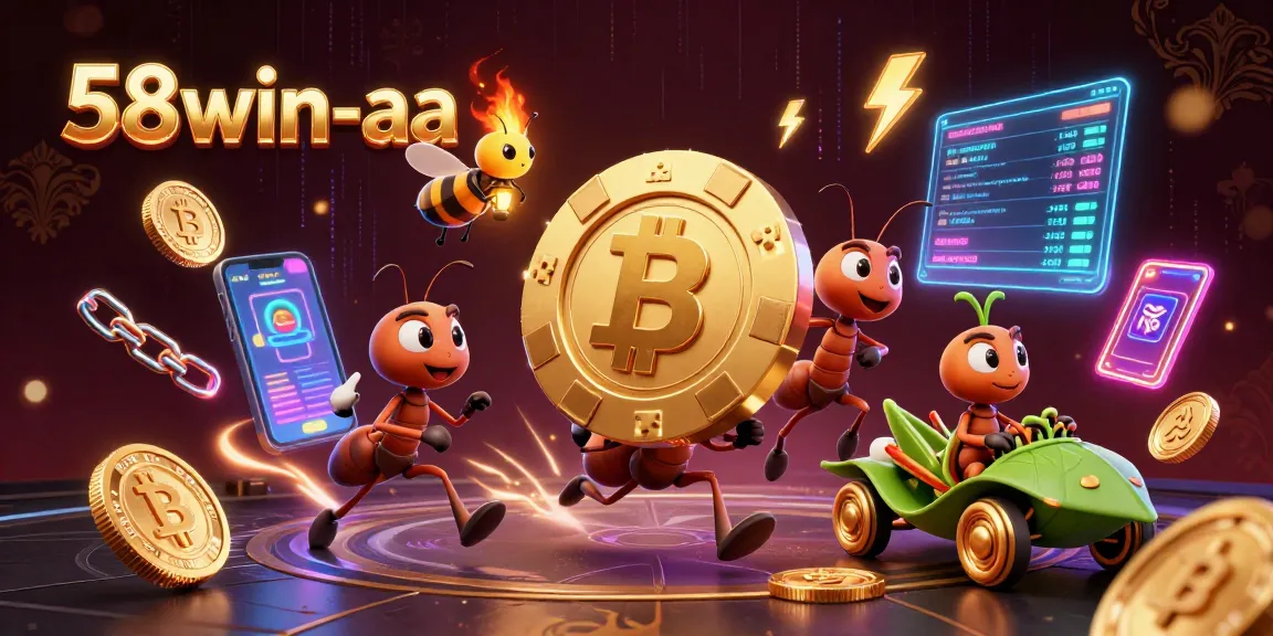Explore the vibrant 58win-aa casino world with ants carrying a golden poker chip.