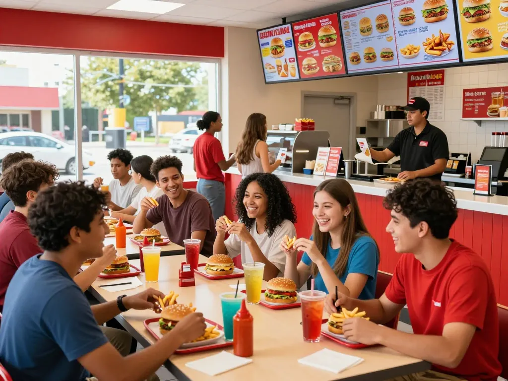 Enjoying a lively fast food menu experience with friends and family in a vibrant restaurant setting.