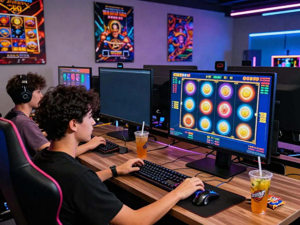 Gamer actively playing a slot game on a modern setup, showcasing vibrant graphics and gaming peripherals.