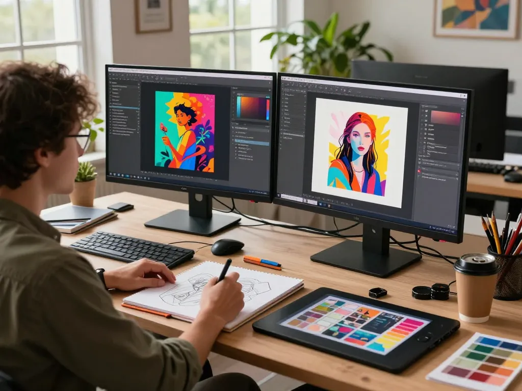 Artist using image to prompt ai in a vibrant creative workspace, transforming visuals into AI prompts.