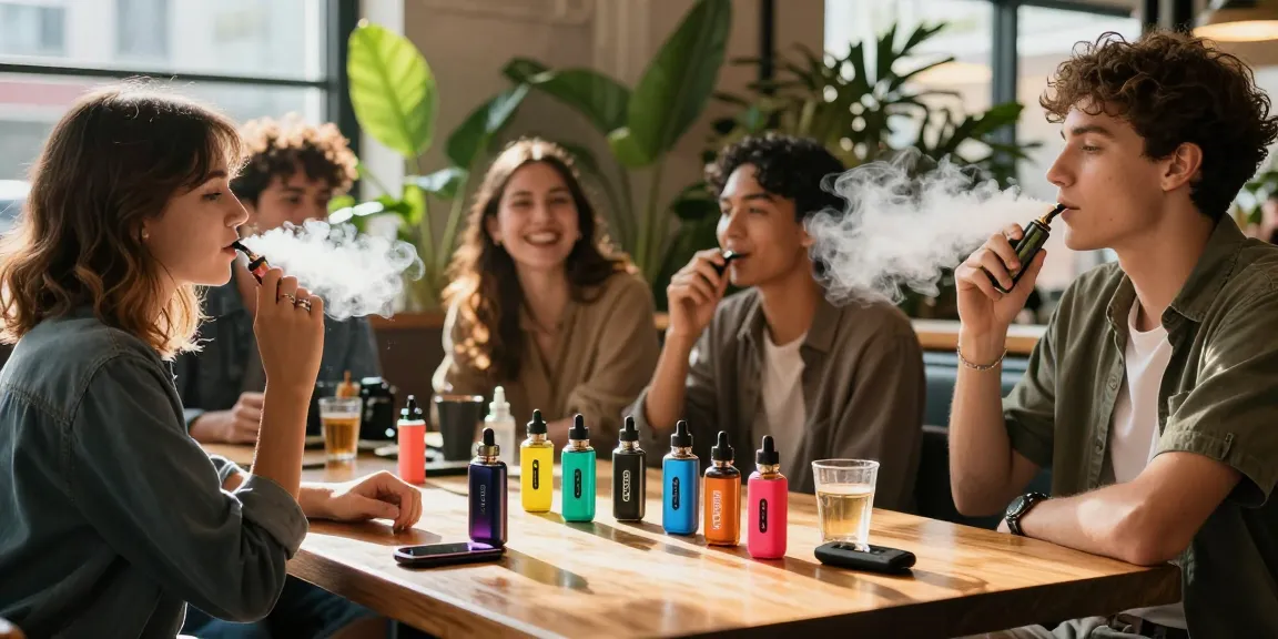 Social vaping moment featuring colorful 電子煙油 and devices in an urban café setting