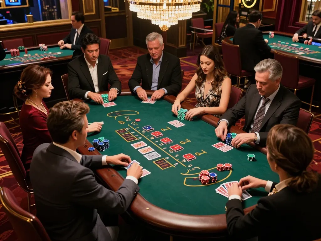 New York City Personal Injury Lawyer at a bustling casino blackjack table, players strategizing their next moves.