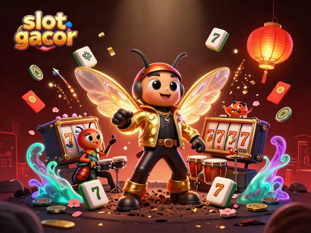 Slot gacor dengan cicada rockstar dan drummer di latar belakang kasino yang meriah