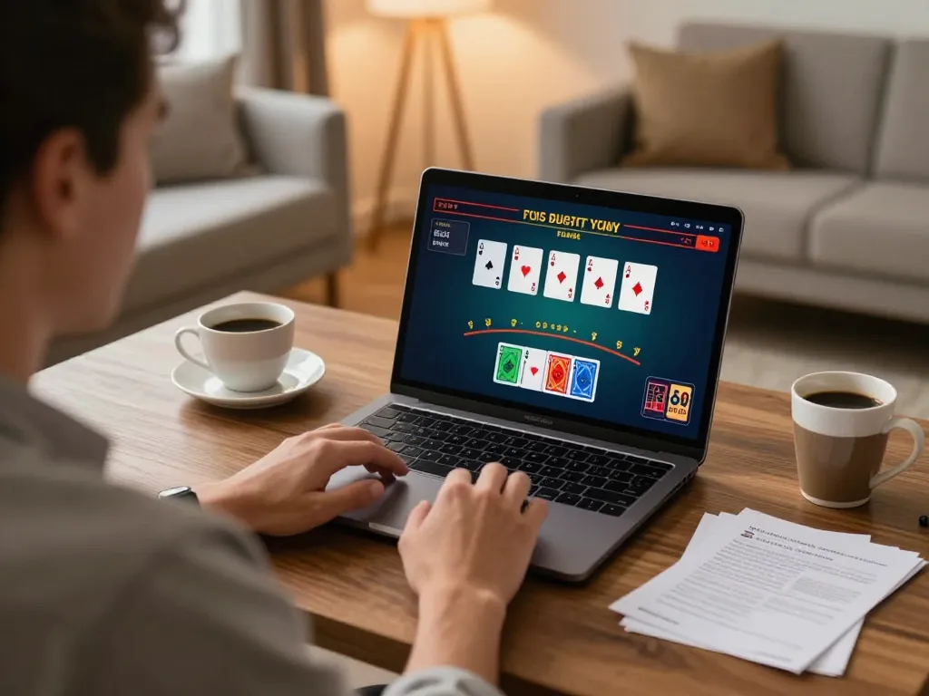 Player engaging in LLwin online Blackjack game at stylish home office.