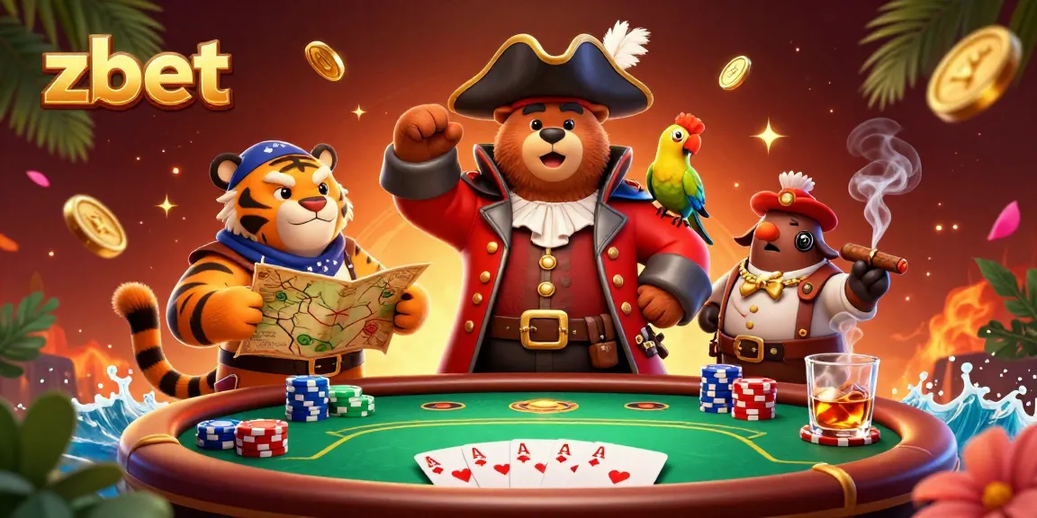Experience the thrill of zbet with a dynamic poker scene featuring a bear captain, tiger first mate, and treasure map.