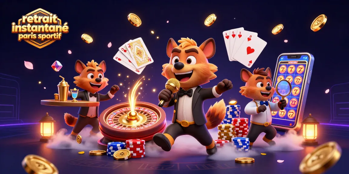 Retrait instantané paris sportif avec des hyènes animées dans un casino coloré.