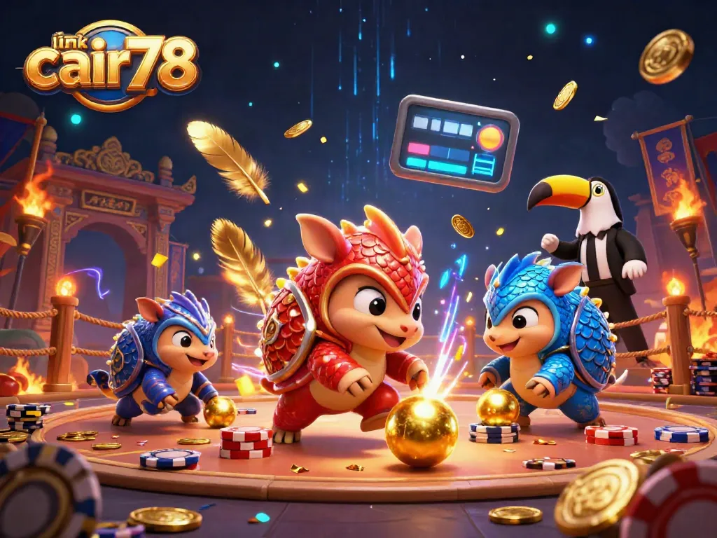 Rival pangolin merah dan biru bermain link cair78 di atas tumpukan chip poker yang berkilauan.