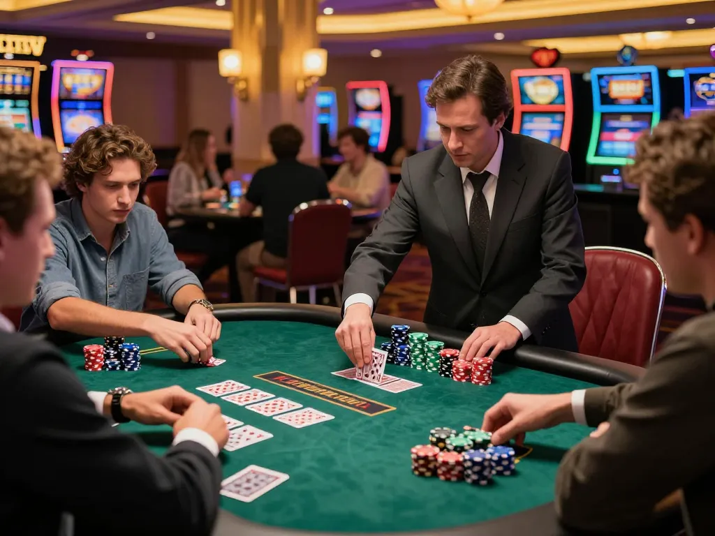 rokok88 players engaging in a strategic blackjack game at a vibrant Las Vegas casino table
