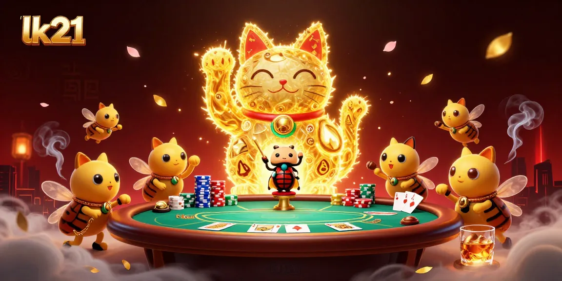 Engage with exciting gameplay visuals featuring 'lk21' with a giant lucky cat at a dynamic casino table.