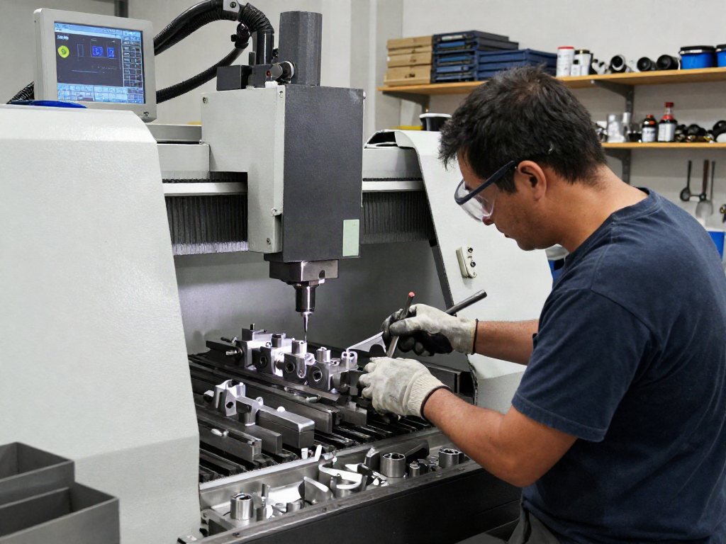 CNC machining parts manufacturer in a modern industrial workshop, skilled machinist operating CNC machinery.