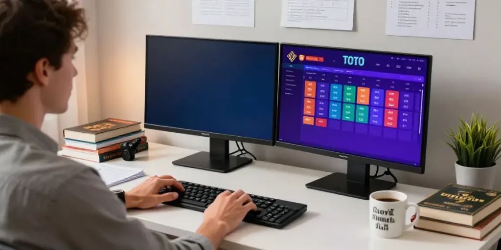 Toto online gaming interface displayed on dual monitors in a stylish home office.
