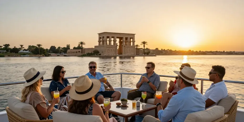 Experience a scenic Lake Nasser cruise with stunning views and joyful travelers on deck.