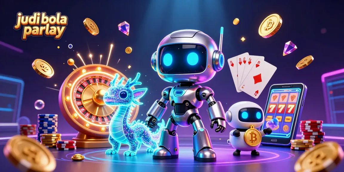 Wager on judi bola parlay with a cyberpunk robot and dragon in a vibrant casino scene