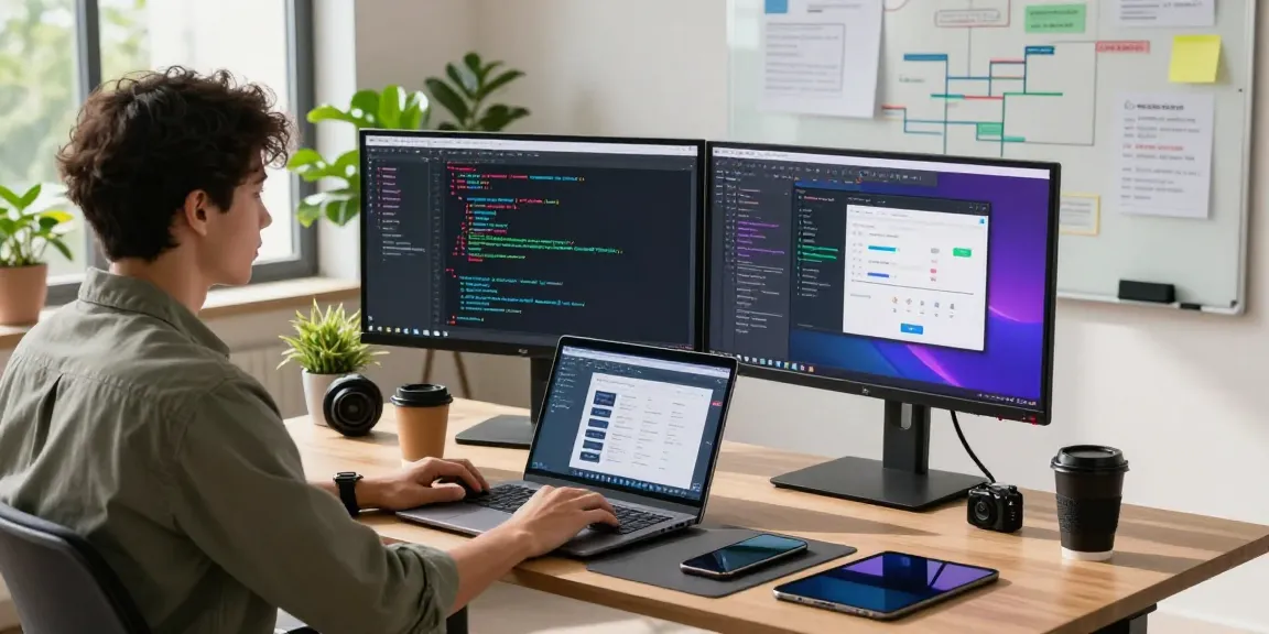 A developer using openclaw skills in a modern office, showcasing coding on dual monitors and an organized workspace.