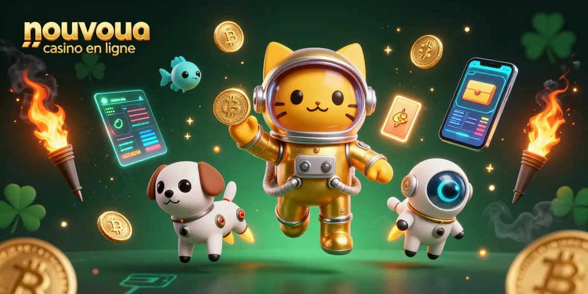 Jouez à nouveau casino en ligne avec un chat astronaute et des éléments de crypto-monnaie colorés.