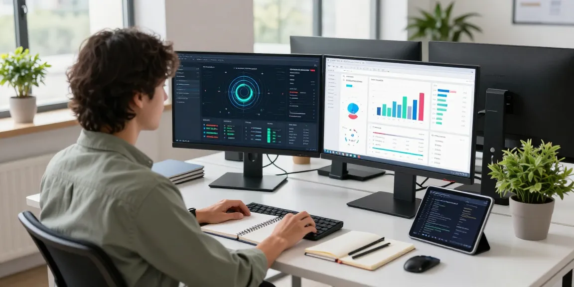Professional workspace featuring an ai image detector interface on dual monitors, highlighting advanced technology and content moderation analytics.