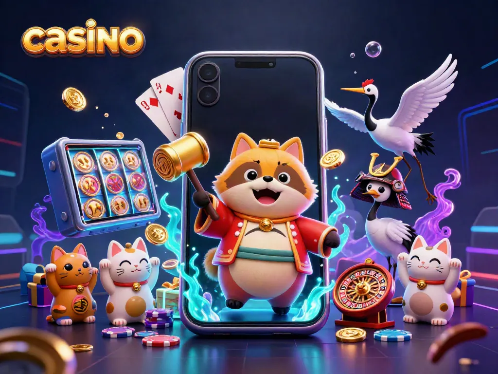 Experience the excitement of the casino with lucky symbols and vibrant characters in a lively 3D scene.