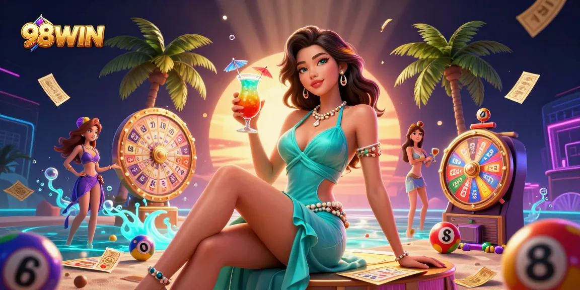 Win big at 98WIN with vibrant lottery balls and a prize wheel in a stunning tropical casino scene.