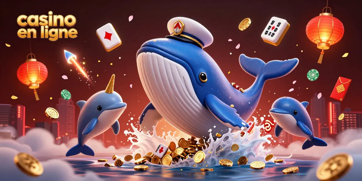 Jouer à des jeux de casino en ligne avec l'illustration 3D d'une baleine et des dauphins.