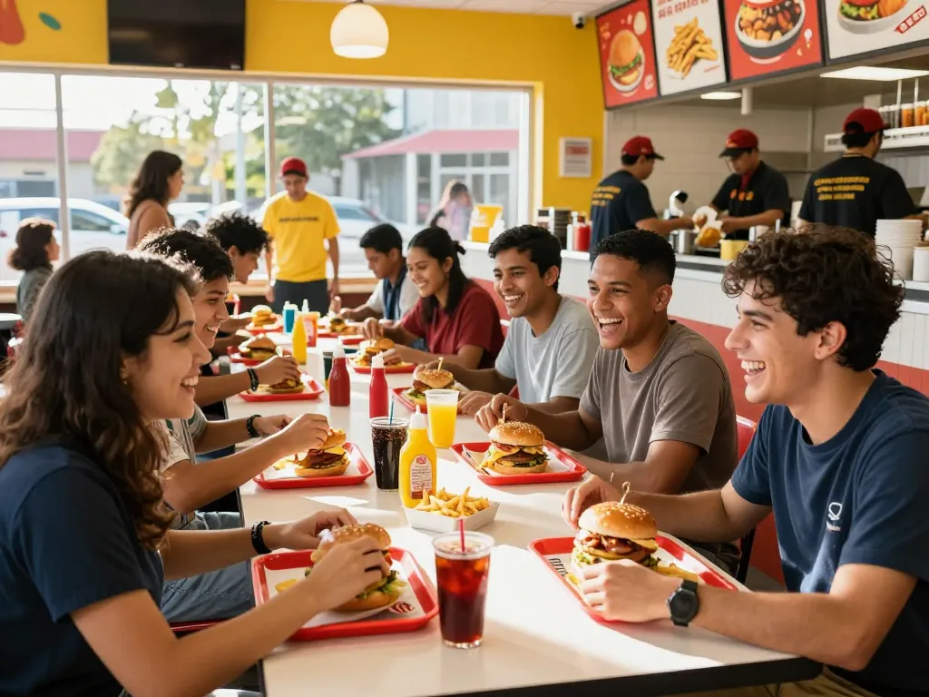 Enjoying a fast food menu with friends in vibrant restaurant atmosphere