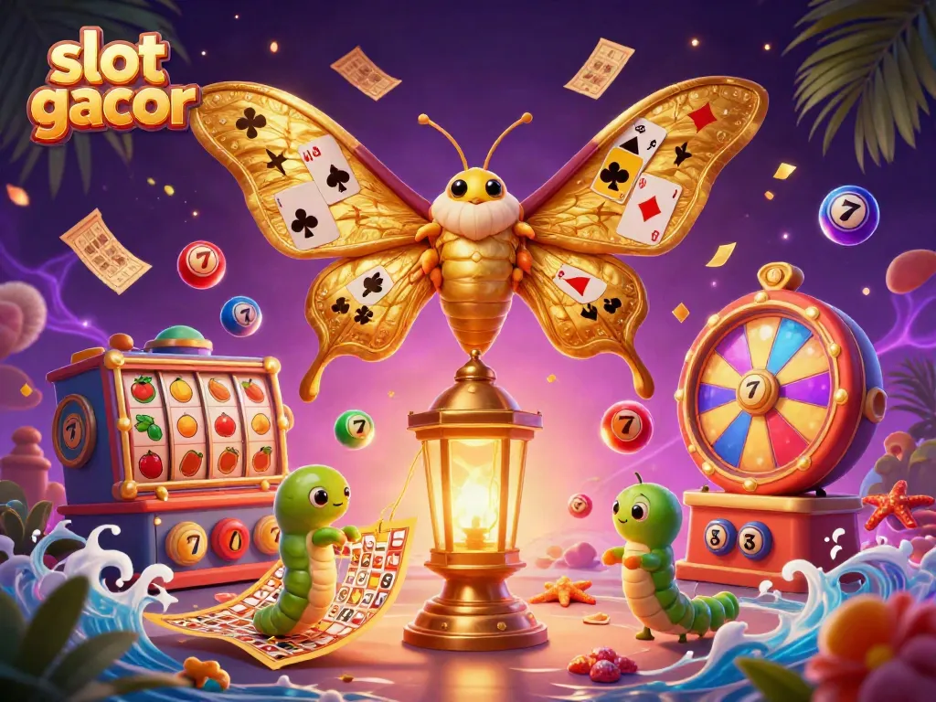 Slot gacor menampilkan kupu-kupu 3D emas dan elemen kasino berwarna-warni di latar yang menarik.