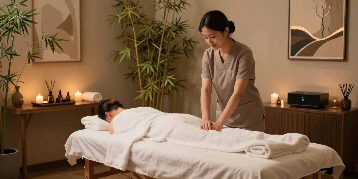 노원출장안마을 위한 아늑한 마사지 스튜디오 장면, 편안한 조명과 아로마 오일이 조화롭게 배치되어 있는 모습.