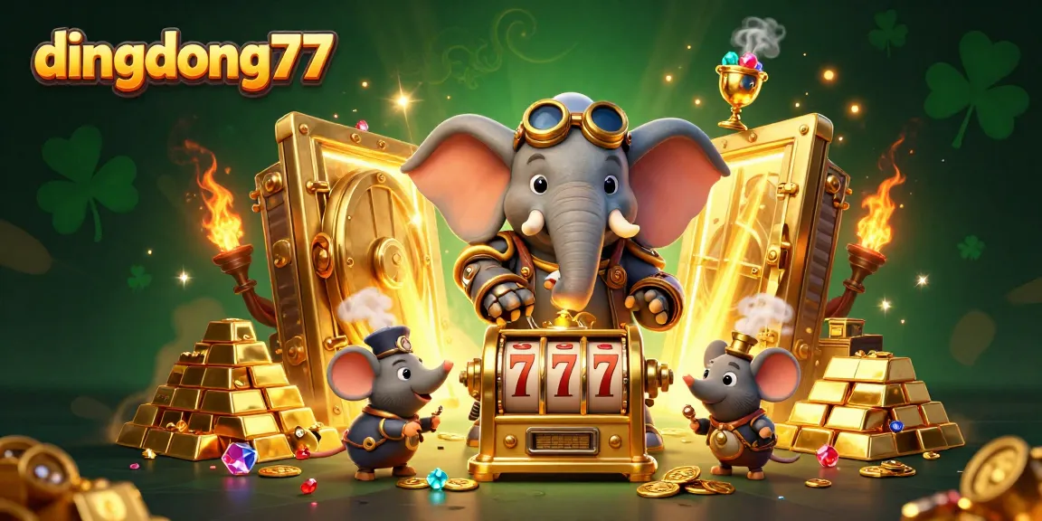 Dive into exciting slot action with dingdong77’s vibrant 3D illustration featuring steampunk characters and golden treasures.