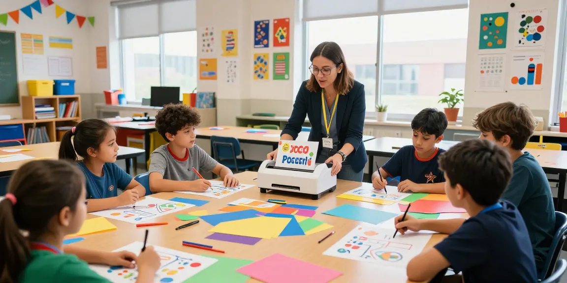 Teacher guiding students in using a Poster Making Machine for creative classroom projects