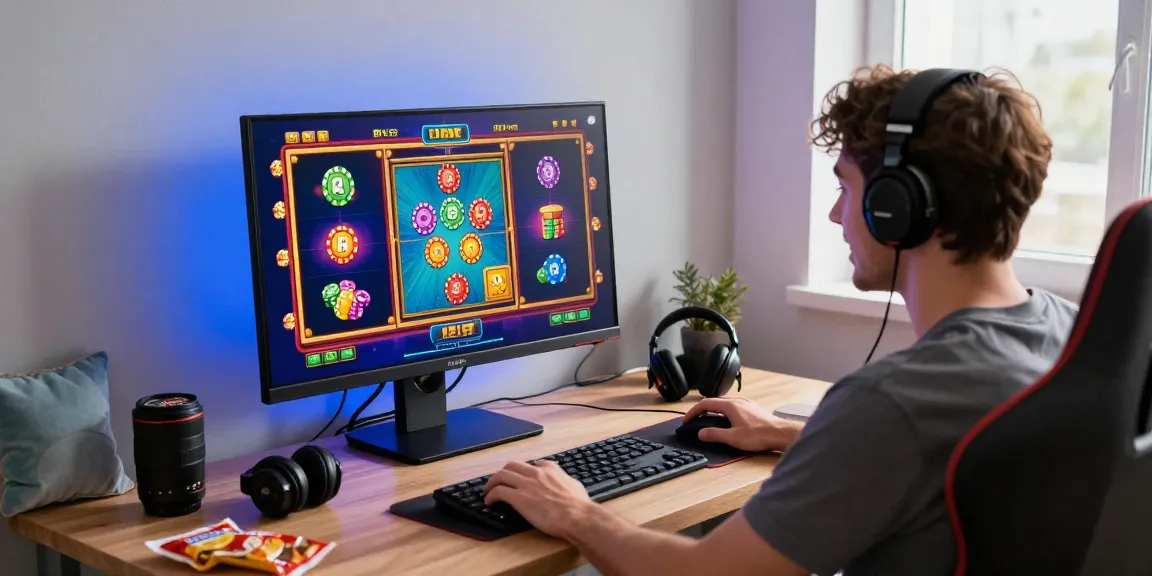 Situs depo 5k player enjoying vibrant online slot games in a cozy gaming setup with LED lights.