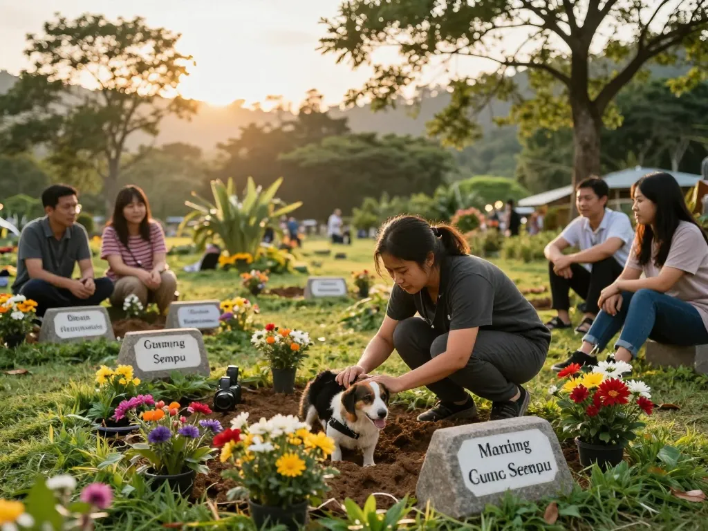 Jasa pemakaman hewan Jogja at Gunung Sempu Hills, showcasing serene burial site with flowers.