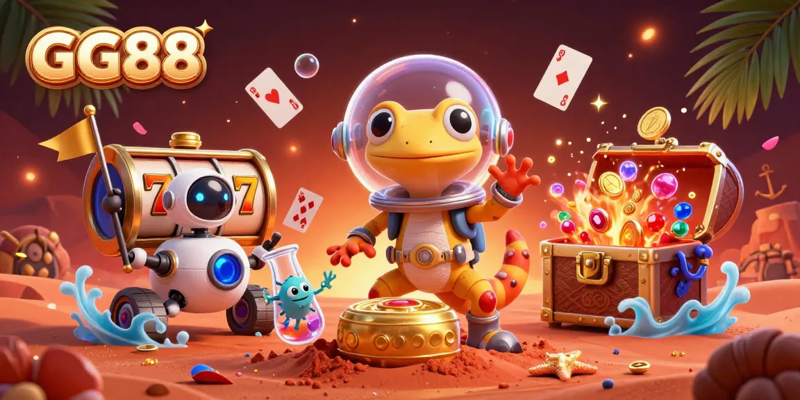Engage in the GG88 experience with a vibrant illustration showcasing a Martian gecko and casino treasures.