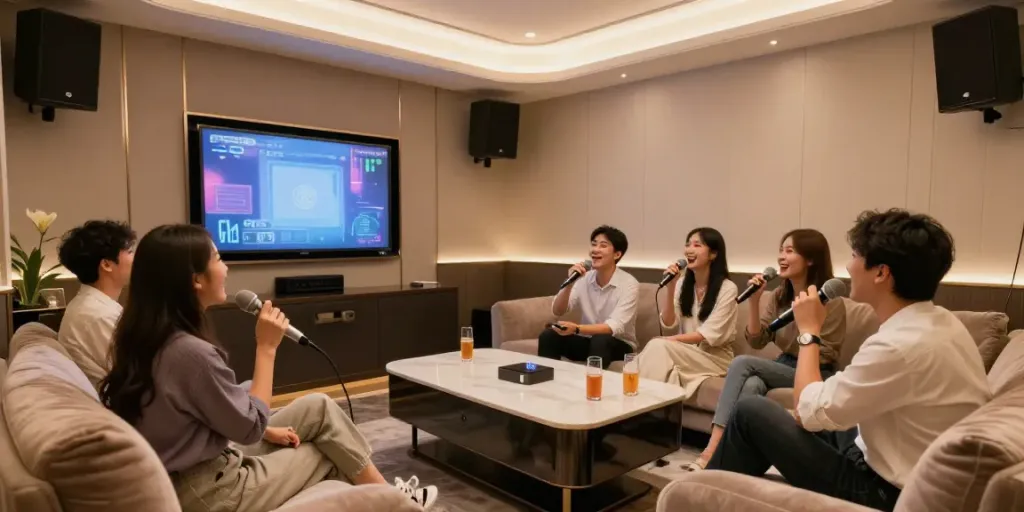강남도파민이 있는 고급스러운 노래방의 친구들이 함께 즐기는 모습.