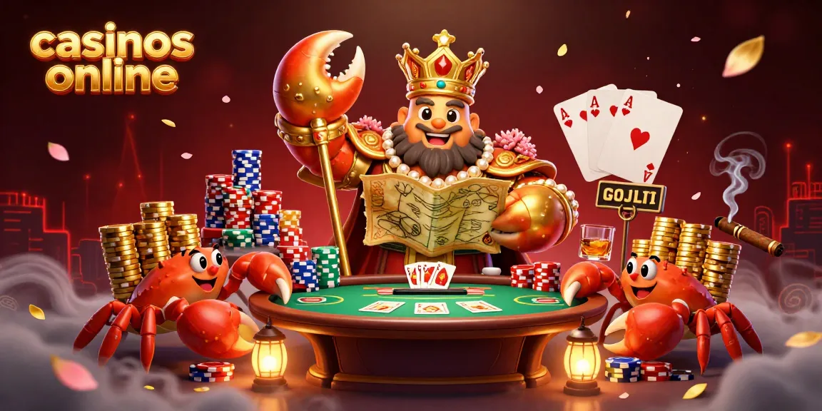 Disfruta de los casinos online mientras juegas con un emperador cangrejo dorado y servidores llevando fichas.