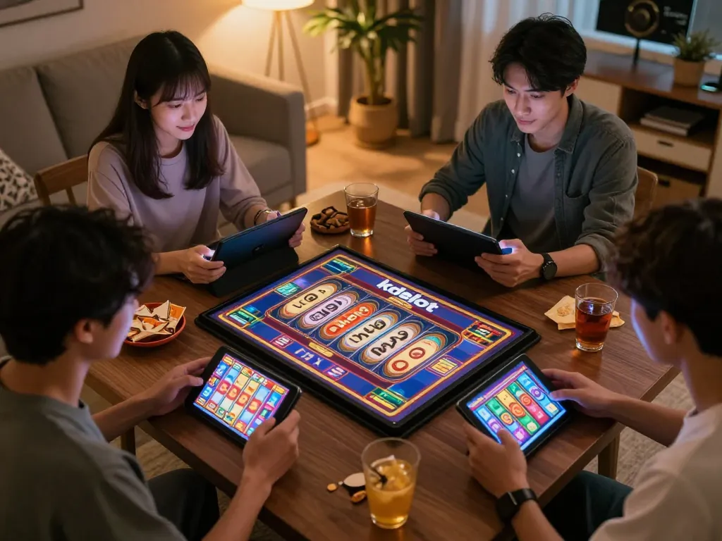 Engaging players enjoying kdslot online gaming with tablets and smartphones in a cozy atmosphere.