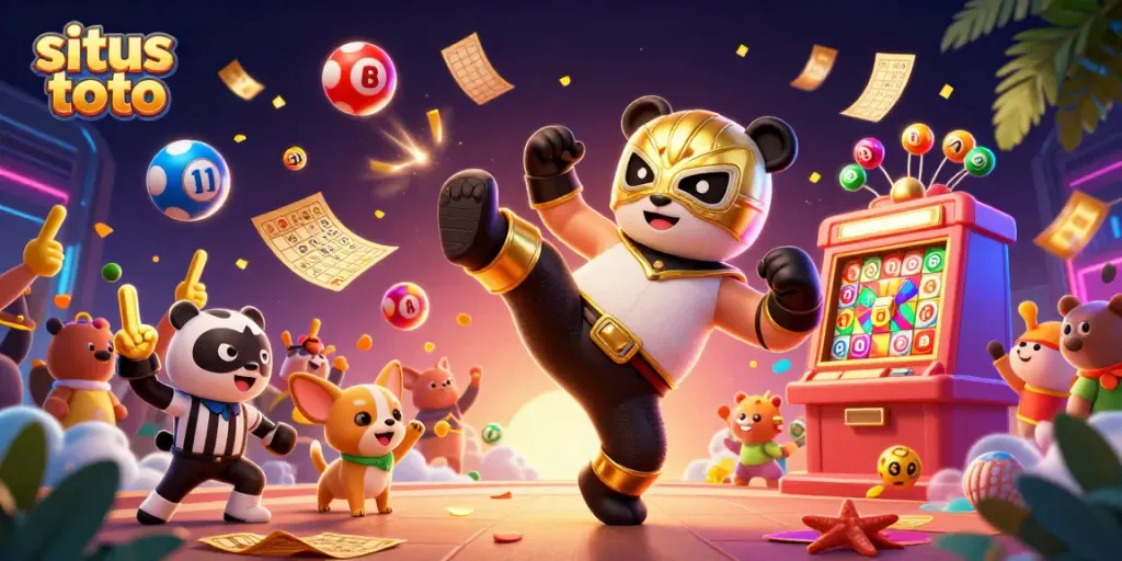 Engaging 3D scene showcasing energetic characters including a wrestler panda and referee chihuahua in a dynamic casino atmosphere linked to situs toto.