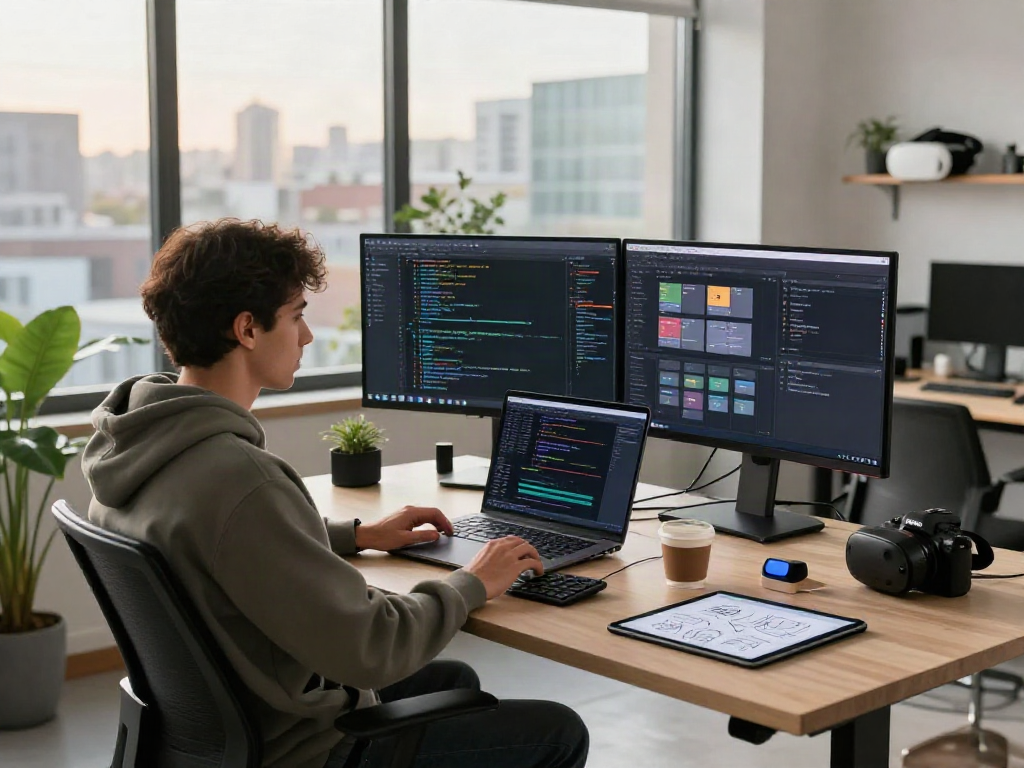 Developer in modern workspace using bro138 for coding projects with dual monitors and productivity tools.