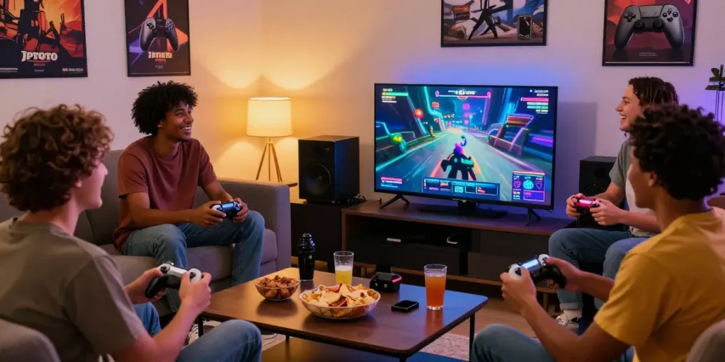 Suasana bermain game JPTOTO yang ceria dengan teman-teman di ruang tamu yang nyaman.