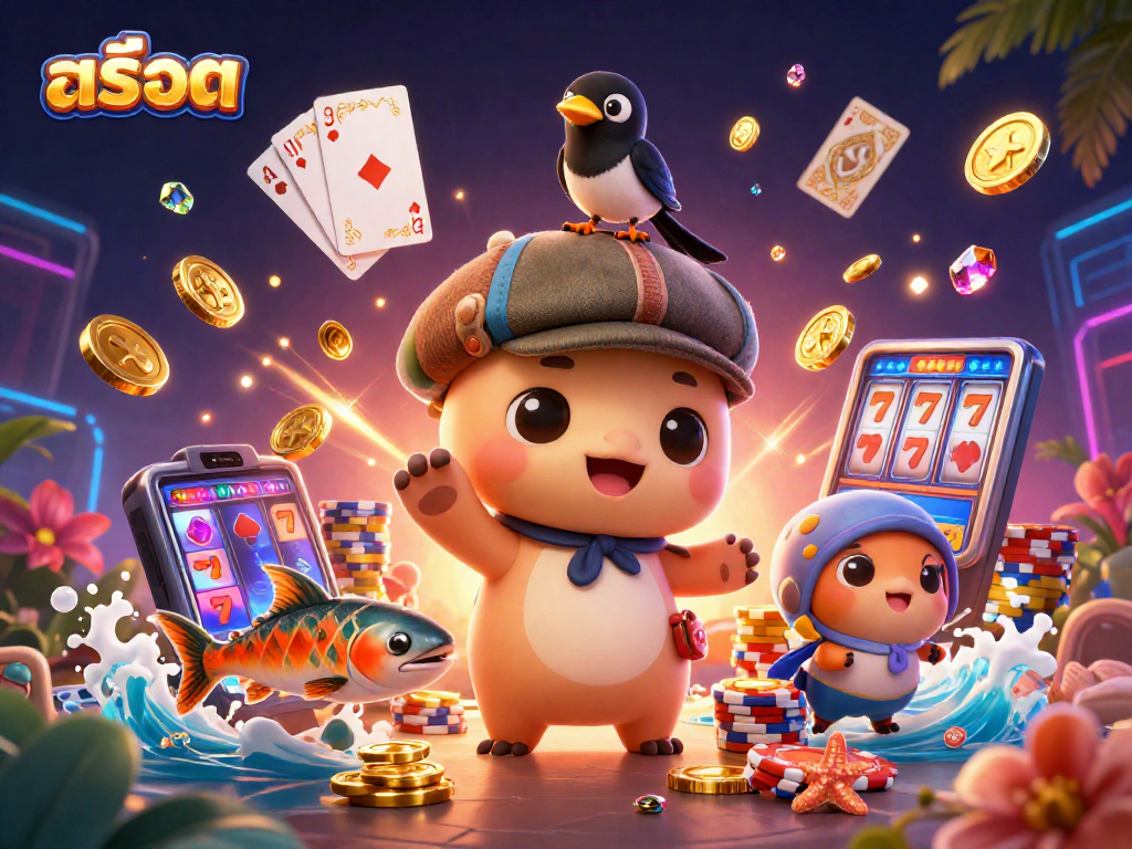 Spin to win สล็อต with vibrant 3D characters and dynamic casino elements in a playful scene.