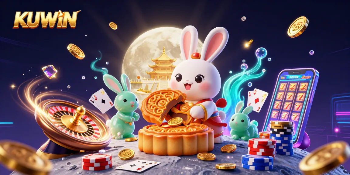 Experience exciting gaming with KUWIN as moon rabbits reveal poker chips on a vibrant lunar setting.