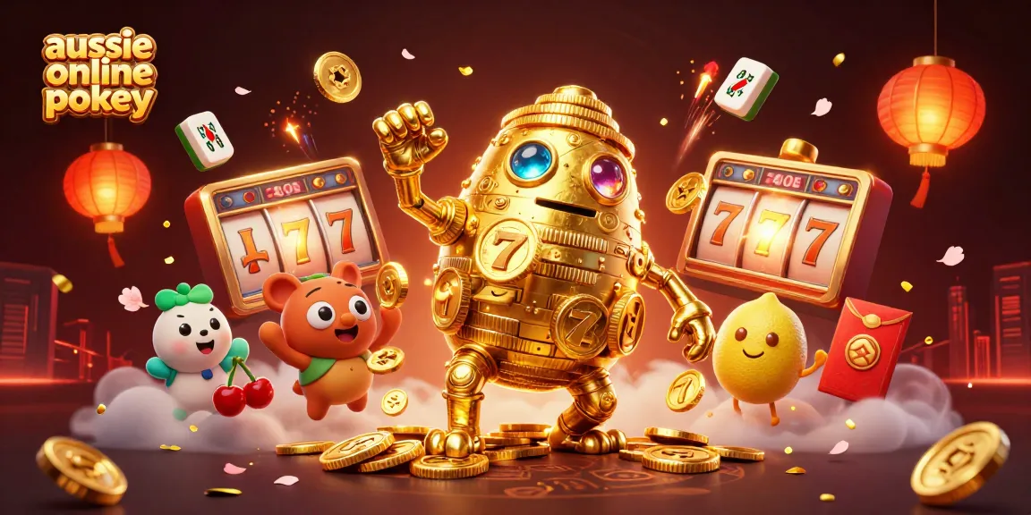 Aussie online pokies showcase a vibrant 3D scene with golden golem, slot elements, and festive decorations.