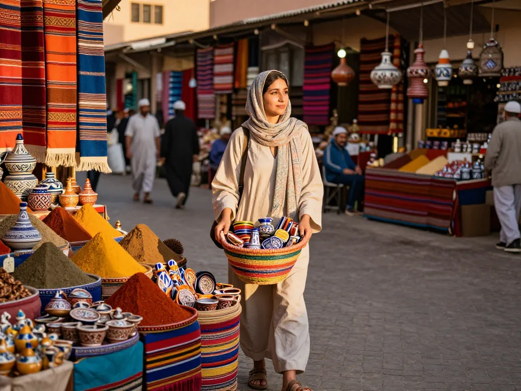 Engaging scene showcasing a traveler in a Moroccan market, highlighting the immersive experience with a Morocco travel agency.