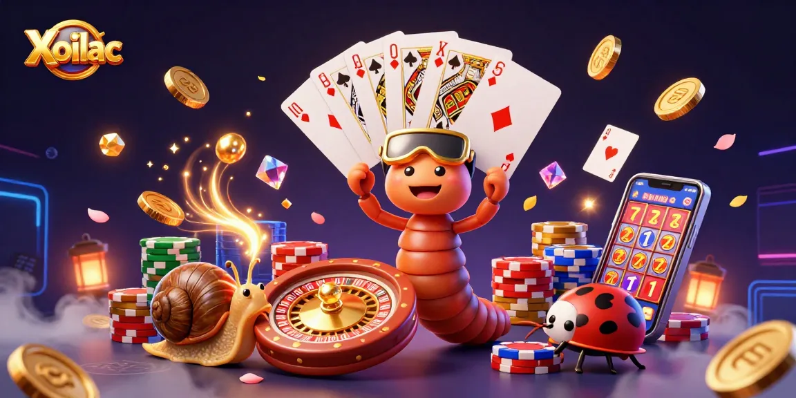 Xoilac showcases an exciting cartoon casino scene with vibrant characters, playing cards, and golden coins.