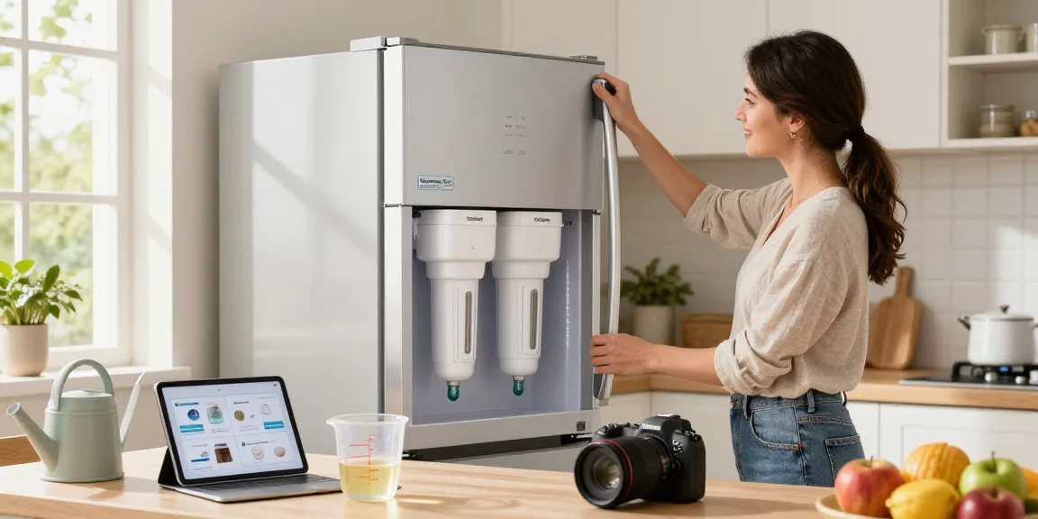 Woman installing Waterdrop Plus ADQ73613401 NSF 401&53&42 Certified Refrigerator Water Filter and Air Filter in a bright kitchen, enhancing home water quality.